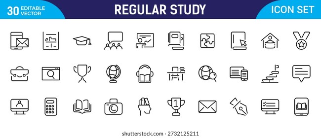 Regular Study Line Icon Set – Student Education Thin Outline Icons Featuring Graduation, Degree, E-Learning, Book, Knowledge and Learning Symbols, Editable Stroke, Modern Vector Illustration