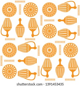   regular symmetrical pattern of three amphorae and plates. Dishes in Greek, Asian style. Egyptian motives. For printing on textiles, curtains, t-shirts, Wallpaper. For templates, cards and web