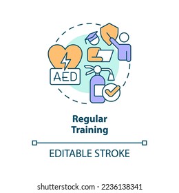 Regular training concept icon. Emergency equipment. Reducing workplace injuries tip abstract idea thin line illustration. Isolated outline drawing. Editable stroke. Arial, Myriad Pro-Bold fonts used