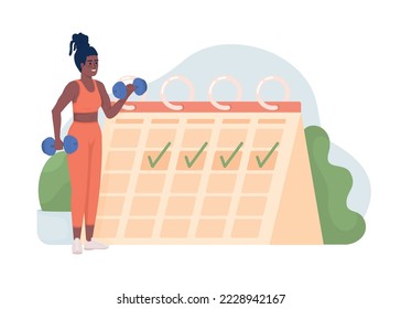 Regular training schedule 2D vector isolated illustration. Workout planner flat character on cartoon background. Gym visiting colourful editable scene for mobile, website, presentation