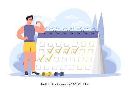 Concepto de programa de entrenamiento regular. Hombre muestra bíceps cerca del calendario y mancuernas. Estilo de vida activo y deportes. Fitness y deportes, entrenamiento. Ilustración vectorial plana de dibujos animados aislada sobre fondo blanco