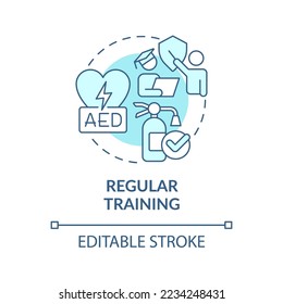Regular training turquoise concept icon. AED kit. Avoiding worker injuries tip abstract idea thin line illustration. Isolated outline drawing. Editable stroke. Arial, Myriad Pro-Bold fonts used