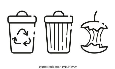 Regular trashcan and a container for recyclable waste. Apple core. Leftover food. Thin line icons for web, applications and design. Minimalistic flat style. Set.	