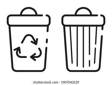 Regular trashcan and a container for recyclable waste.Thin line icons for web, applications and design. Minimalistic flat style.