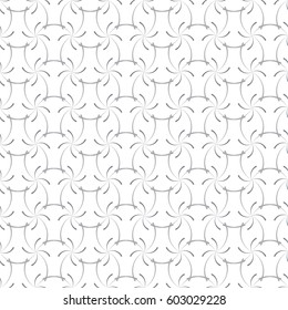 Regular trellis pattern of curved calligraphic strokes. Neutral white and grey ornamental background. Vector seamless repeat. 