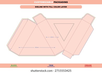 Plantilla de línea de línea de caja triangular regular con bloqueo de mortaja y recorte de ventana transparente adecuado para maquetas de venta al por menor de empaquetado de productos personalizados y diseño plegable