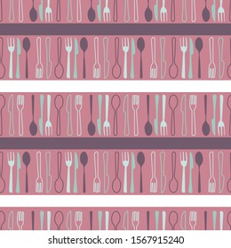 Regular vector pattern with knives, forks and spoons between white and purple stripes. One of the "Tea Garden Party" collection patterns.