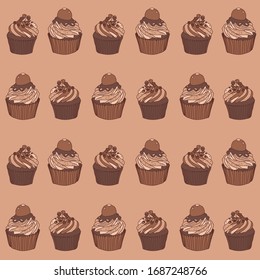 Regular vector repeat pattern with chocolate cupcakes on beige background.