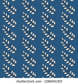 regular vertical rows of leaves on blue background monochrome graphic nature floral seamless pattern
