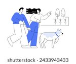 Regular walks isolated cartoon vector illustrations. Young couple walking with active dog together, promenade with adorable puppy, leisure time outdoors, weekend with cute pet vector cartoon.