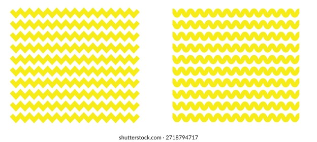 Regelmäßiges gelbes und weißes Zickzack-Chevron-Muster. Nahtloser Zick-Zack horizontalen dünnen Linien wellenförmigen Hintergrund.