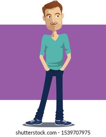 Regular Young Adult Male in a casual outfit. Green T-Shirt with a bluish jeans pants.