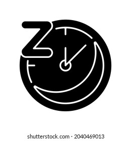 Regularity black glyph icon. Sleep schedule. Nighttime on clock. Bedtime on watch dial. Overnight rest and recreation. Nocturnal hour. Silhouette symbol on white space. Vector isolated illustration