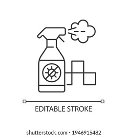 Regelmäßig desinfiziertes Führersymbol. Gewährleistung der Sicherheit der Fahrgäste. Sanitizer-Flasche. Dünne, anpassbare Illustration. Contour-Symbol. Vektor-einzelne Rahmenzeichnung. Bearbeitbarer Hub