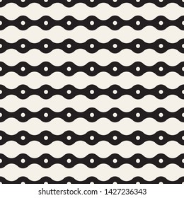 Regularly repeating geometric pattern with horizontal dotted and wavy stripes. Vector seamless background. Black and white decorative element. Modern stylish texture.