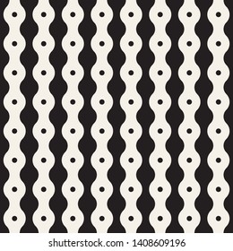 Regularly repeating geometrical pattern with vertical dotted and wavy stripes. Modern stylish texture. Black and white decorative element. Vector seamless background. 