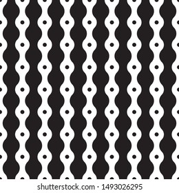 Regularly repeating geometrical pattern with vertical dotted and wavy stripes. Modern stylish texture. Black and white decorative element. Vector seamless background.