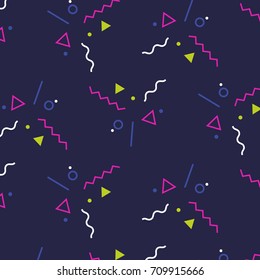 Regularly repeating geometrical vector pattern with geometric shape triangles, line. Hipster fashion 80-90s. Abstract neon jumble textures. Surface texture for printing, website, fabric, poster, card
