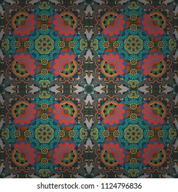 Regularly repeating tiles with brown, blue, red and green dots, polygons, hexagons, rhombuses, difficult polygonal outline shapes. Stylish geometric seamless pattern. Modern vector linear ornament.