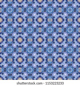 Regularly repeating tiles grids with beige, green and blue dots, polygons, hexagons, rhombuses, difficult polygonal outline shapes. Stylish geometric seamless pattern. Modern raster linear ornament.