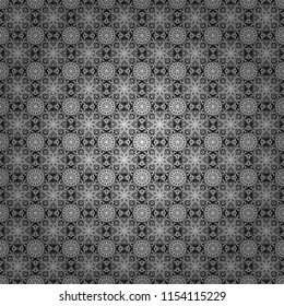 Regularly repeating tiles grids with black, white and gray dots, polygons, hexagons, rhombuses, difficult polygonal outline shapes. Stylish geometric seamless pattern. Modern vector linear ornament.
