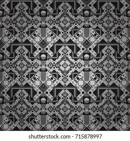 Regularly repeating tiles grids with black, gray and white dots, polygons, hexagons, rhombuses, difficult polygonal outline shapes. Stylish geometric seamless pattern. Modern vector linear ornament.
