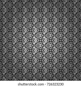 Regularly repeating tiles grids with black, white and gray dots, polygons, hexagons, rhombuses, difficult polygonal outline shapes. Stylish geometric seamless pattern. Modern vector linear ornament.