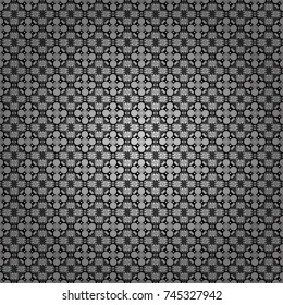 Regularly repeating tiles grids with black, white and gray dots, polygons, hexagons, rhombuses, difficult polygonal outline shapes. Stylish geometric seamless pattern. Modern vector linear ornament.