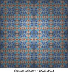 Regularly repeating tiles grids with blue, gray and pink dots, polygons, hexagons, rhombuses, difficult polygonal outline shapes. Stylish geometric seamless pattern. Modern vector linear ornament.