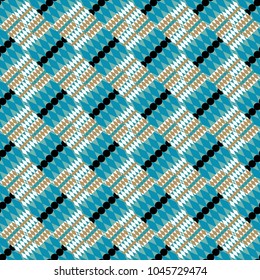 Regularly repeating tiles grids with blue, white and brown dots, polygons, hexagons, rhombuses, difficult polygonal outline shapes. Stylish geometric seamless pattern. Modern vector linear ornament.