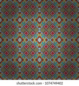 Regularly repeating tiles grids with blue, green and orange dots, polygons, hexagons, rhombuses, difficult polygonal outline shapes. Stylish geometric seamless pattern. Modern vector linear ornament.