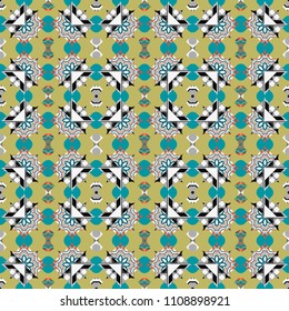 Regularly repeating tiles grids with blue, gray and red dots, polygons, hexagons, rhombuses, difficult polygonal outline shapes. Stylish geometric seamless pattern. Modern vector linear ornament.