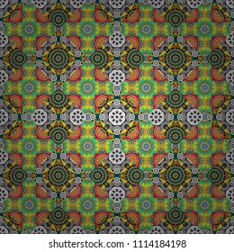 Regularly repeating tiles grids with blue, yellow and gray dots, polygons, hexagons, rhombuses, difficult polygonal outline shapes. Stylish geometric seamless pattern. Modern vector linear ornament.
