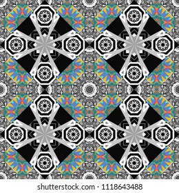 Regularly repeating tiles grids with blue, gray and black dots, polygons, hexagons, rhombuses, difficult polygonal outline shapes. Stylish geometric seamless pattern. Modern vector linear ornament.