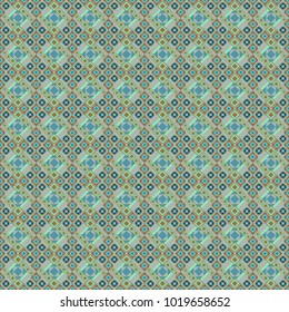 Regularly repeating tiles grids with gray, blue and green dots, polygons, hexagons, rhombuses, difficult polygonal outline shapes. Stylish geometric seamless pattern. Modern vector linear ornament.