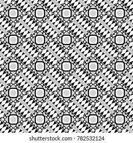 Regularly repeating tiles grids with gray, black and white dots, polygons, hexagons, rhombuses, difficult polygonal outline shapes. Stylish geometric seamless pattern. Modern vector linear ornament.