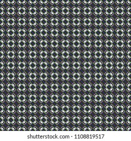 Regularly repeating tiles grids with green, gray and black dots, polygons, hexagons, rhombuses, difficult polygonal outline shapes. Stylish geometric seamless pattern. Modern vector linear ornament.