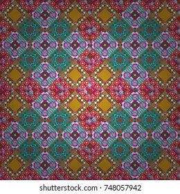 Regularly repeating tiles grids with green, beige and blue dots, polygons, hexagons, rhombuses, difficult polygonal outline shapes. Stylish geometric seamless pattern. Modern vector linear ornament.