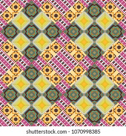 Regularly repeating tiles grids with magenta, yellow, brown dots, polygons, hexagons, rhombuses, difficult polygonal outline shapes. Stylish geometric seamless pattern. Modern vector linear ornament.
