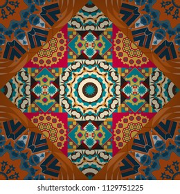Regularly repeating tiles grids with orange, beige and blue dots, polygons, hexagons, rhombuses, difficult polygonal outline shapes. Stylish geometric seamless pattern. Modern vector linear ornament.