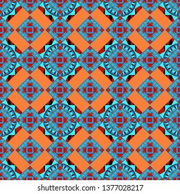 Regularly repeating tiles grids with orange, blue and red dots, polygons, hexagons, rhombuses, difficult polygonal outline shapes. Stylish geometric seamless pattern. Modern vector linear ornament.