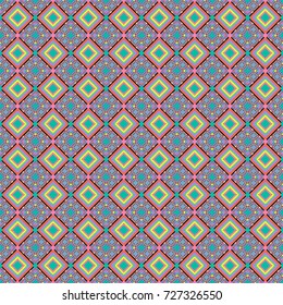 Regularly repeating tiles grids with orange, blue and green dots, polygons, hexagons, rhombuses, difficult polygonal outline shapes. Stylish geometric seamless pattern. Modern vector linear ornament.