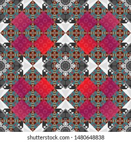 Regularly repeating tiles grids with pink, blue and gray dots, polygons, hexagons, rhombuses, difficult polygonal outline shapes. Stylish geometric seamless pattern. Modern vector linear ornament.