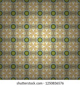 Regularly repeating tiles grids with white, beige and yellow dots, polygons, hexagons, rhombuses, difficult polygonal outline shapes. Stylish geometric seamless pattern. Modern vector linear ornament.