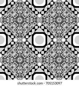Regularly repeating tiles grids with white and black dots, polygons, hexagons, rhombuses, difficult polygonal outline shapes. Modern vector linear ornament. Stylish geometric seamless pattern.