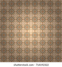 Regularly repeating tiles grids with white, orange and beige dots, polygons, hexagons, rhombuses, difficult polygonal outline shapes. Stylish geometric seamless pattern. Modern vector linear ornament.