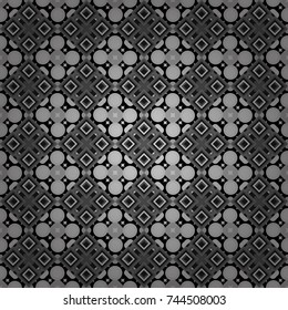 Regularly repeating tiles grids with white, gray and black dots, polygons, hexagons, rhombuses, difficult polygonal outline shapes. Stylish geometric seamless pattern. Modern vector linear ornament.