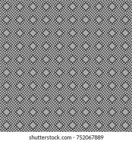 Regularly repeating tiles grids with white, gray and black dots, polygons, hexagons, rhombuses, difficult polygonal outline shapes. Stylish geometric seamless pattern. Modern vector linear ornament.
