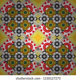 Regularly repeating tiles grids with yellow, black and gray dots, polygons, hexagons, rhombuses, difficult polygonal outline shapes. Stylish geometric seamless pattern. Modern vector linear ornament.