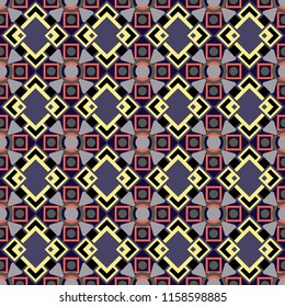 Regularly repeating tiles grids with yellow, black and violet dots, polygons, hexagons, rhombuses, difficult polygonal outline shapes. Stylish geometric seamless pattern. Modern vector linear ornament